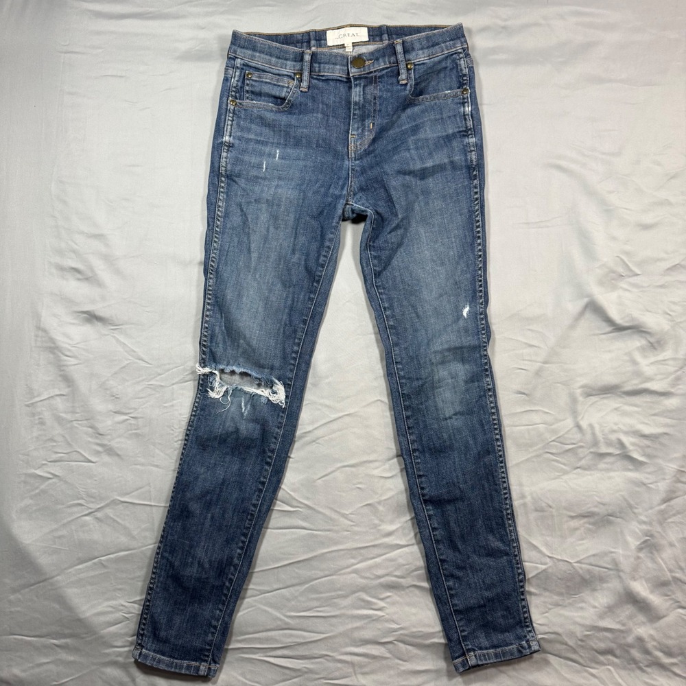 THE GREAT The Almost Skinny Jeans Blue Distressed Knee Size 25 - Picture 2 of 10